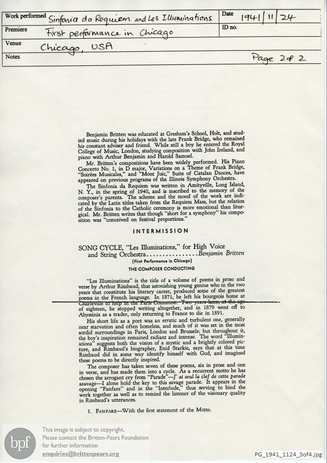 Concert programme:  Britten Sinfonia da Requiem and Les Illuminations, Civic Centre, Chicago