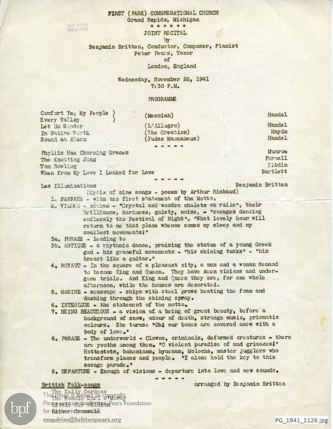 Concert programme:  Britten Folk Song arrangements & Les Illuminations, First (Park) Congregational Church, Grand Rapids, Michigan