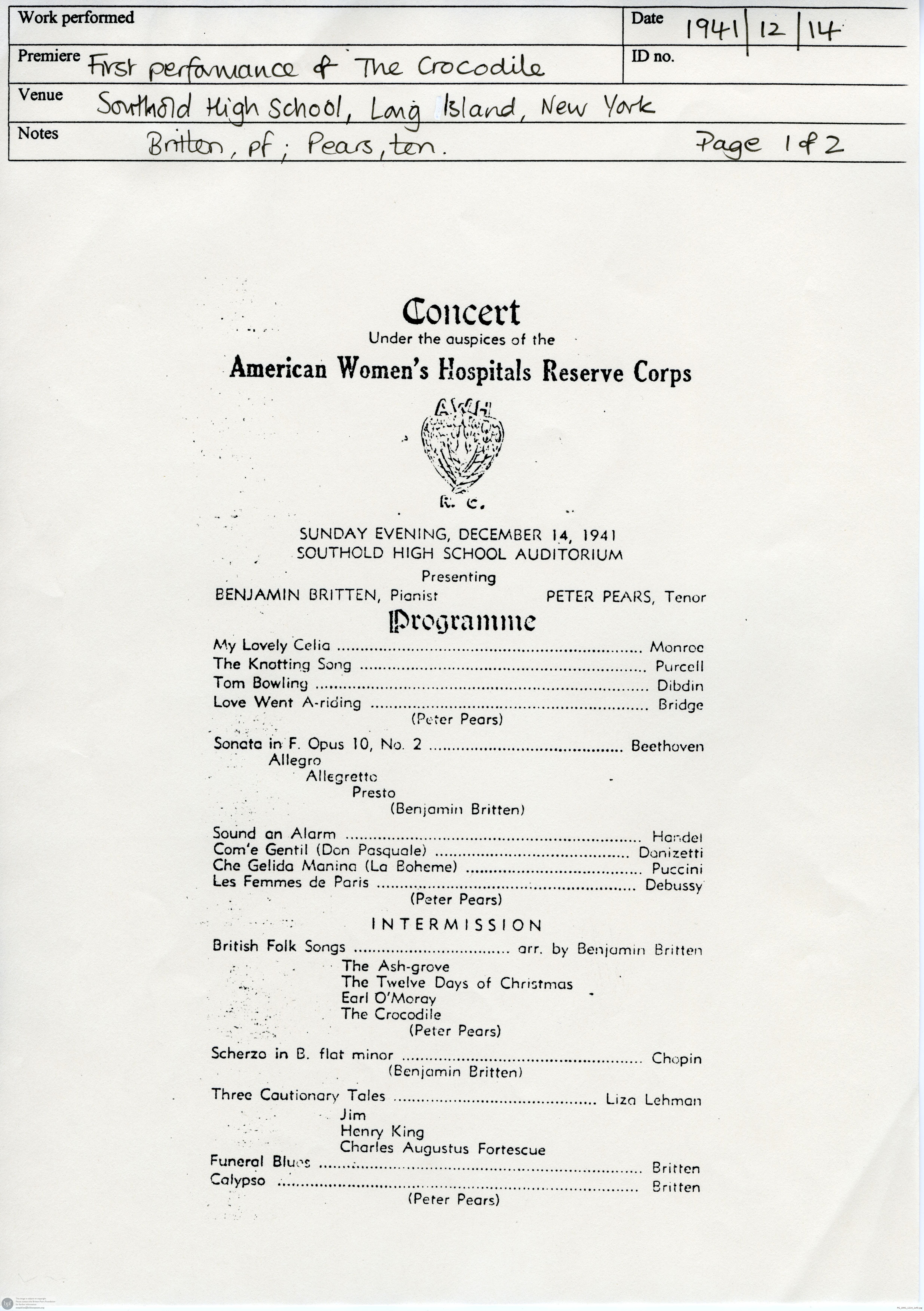 Concert programme:  Britten British Folk Songs, Funeral Blues, Calypso, Southold High School Auditorium, New York