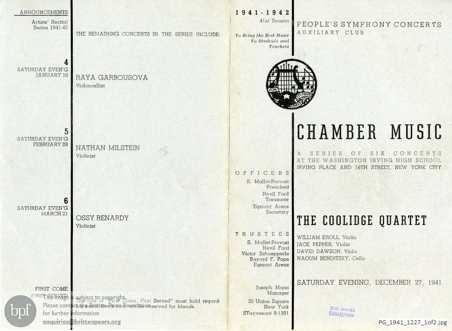 Concert programme:  Britten Quartet No. 1, Washington Irving High School, New York