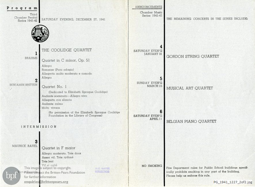 Concert programme:  Britten Quartet No. 1, Washington Irving High School, New York
