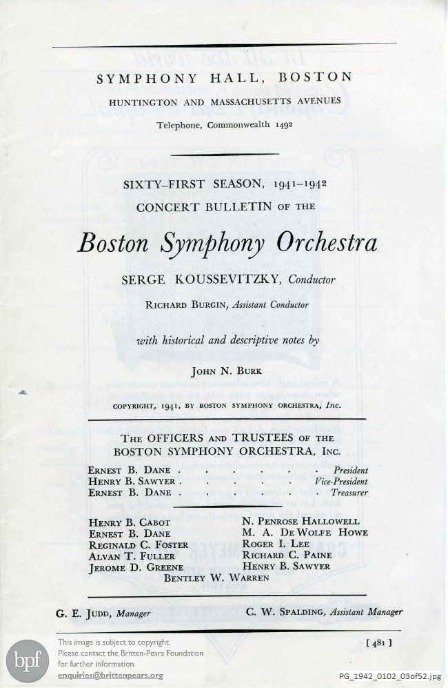 Concert programme:  Britten Sinfonia da Requiem, Symphony Hall, Boston 