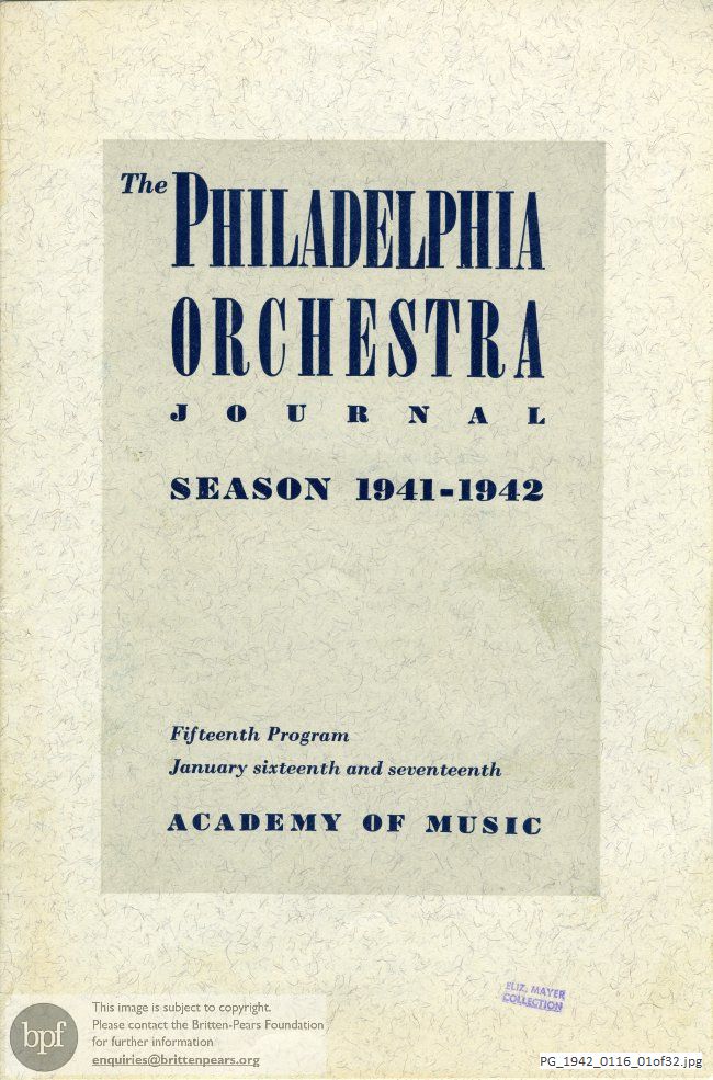 Concert programme:  Britten Diversions on a Theme, Academy of Music, Philadelphia