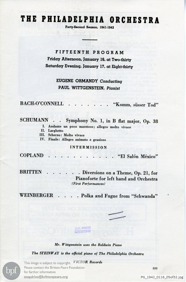 Concert programme:  Britten Diversions on a Theme, Academy of Music, Philadelphia