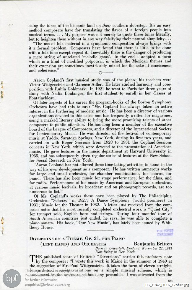 Concert programme:  Britten Diversions on a Theme, Academy of Music, Philadelphia