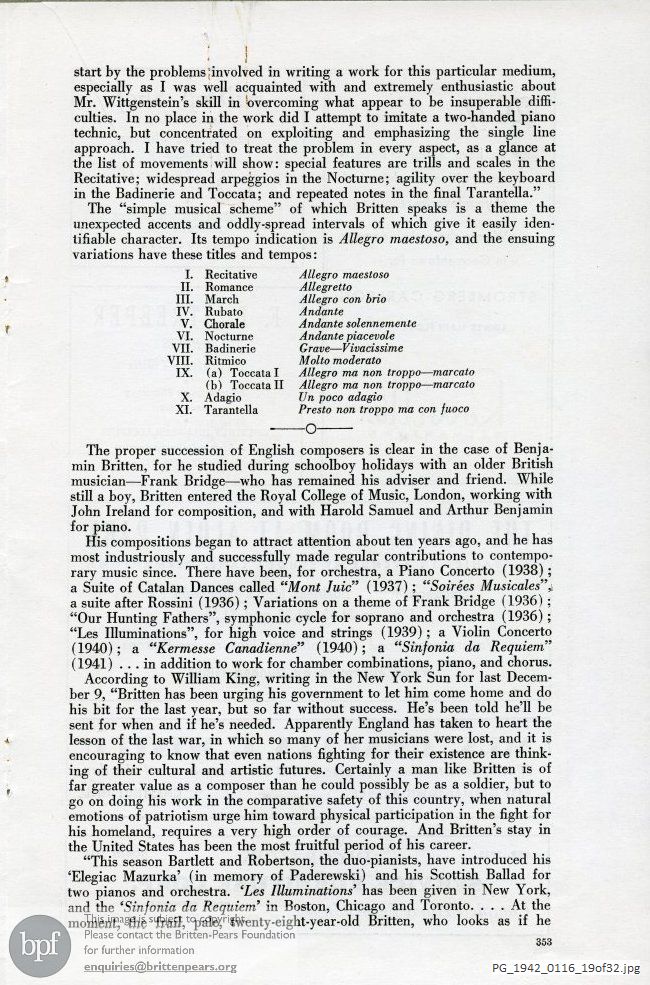 Concert programme:  Britten Diversions on a Theme, Academy of Music, Philadelphia