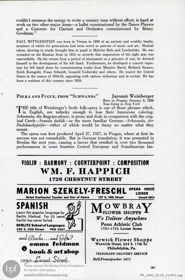 Concert programme:  Britten Diversions on a Theme, Academy of Music, Philadelphia