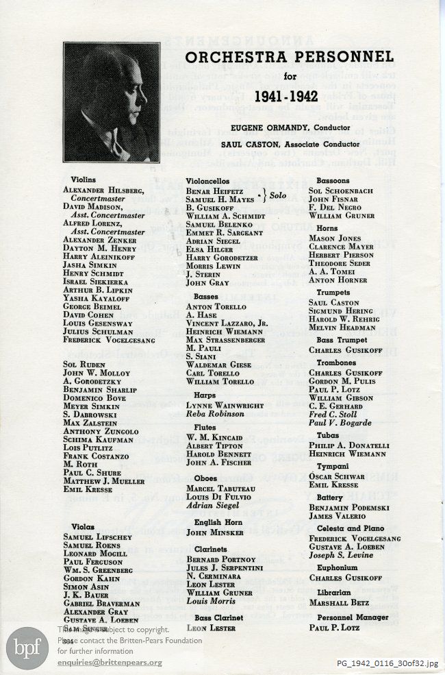 Concert programme:  Britten Diversions on a Theme, Academy of Music, Philadelphia