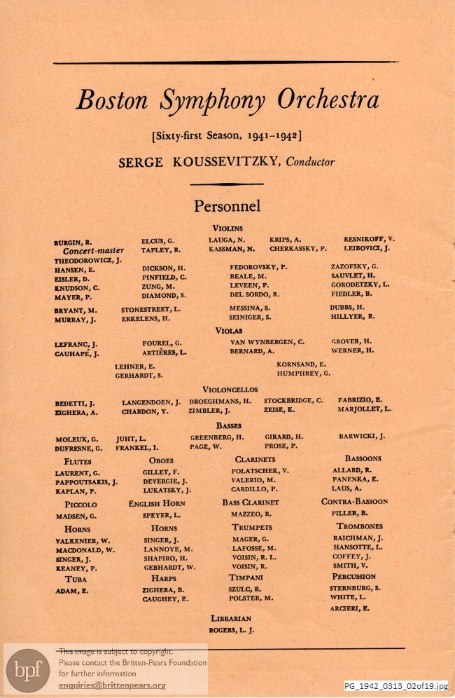 Concert programme:  Britten, Sinfonia da Requiem, Academy of Music, Brooklyn, New York