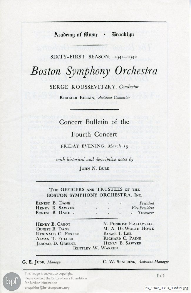Concert programme:  Britten, Sinfonia da Requiem, Academy of Music, Brooklyn, New York