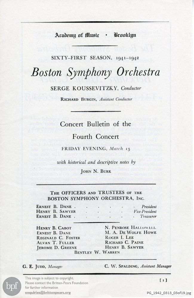 Concert programme:  Britten, Sinfonia da Requiem, Academy of Music, Brooklyn, New York