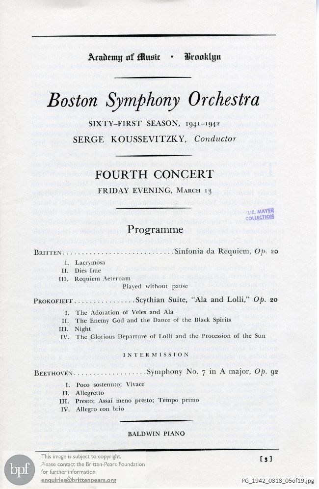 Concert programme:  Britten, Sinfonia da Requiem, Academy of Music, Brooklyn, New York
