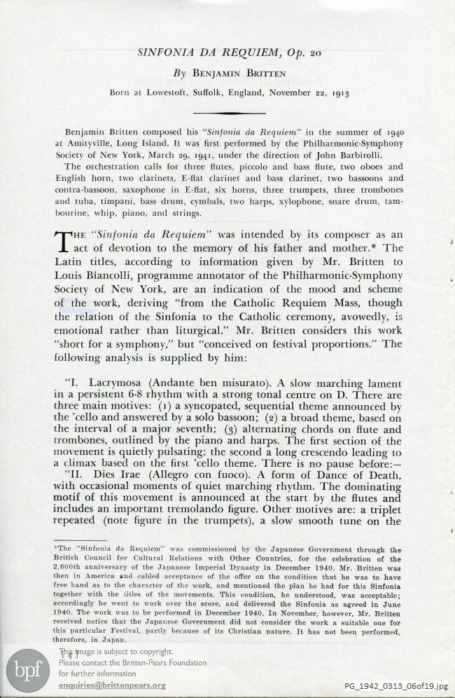 Concert programme:  Britten, Sinfonia da Requiem, Academy of Music, Brooklyn, New York