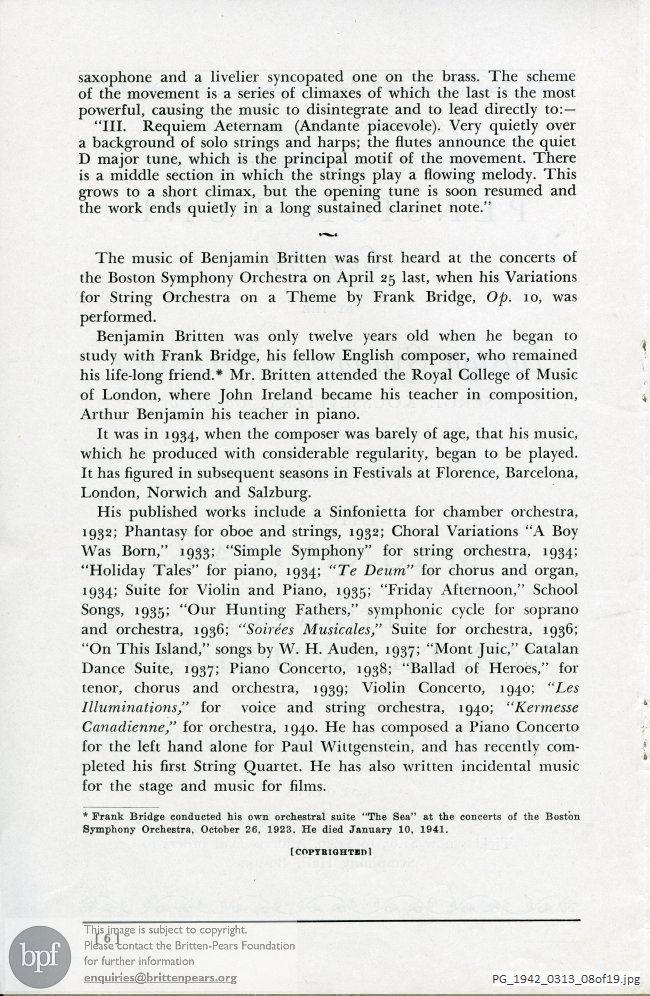 Concert programme:  Britten, Sinfonia da Requiem, Academy of Music, Brooklyn, New York