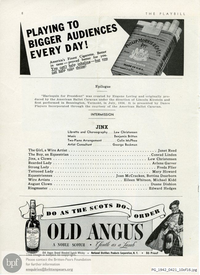 Concert programme:  Jinx, National Theatre, New York