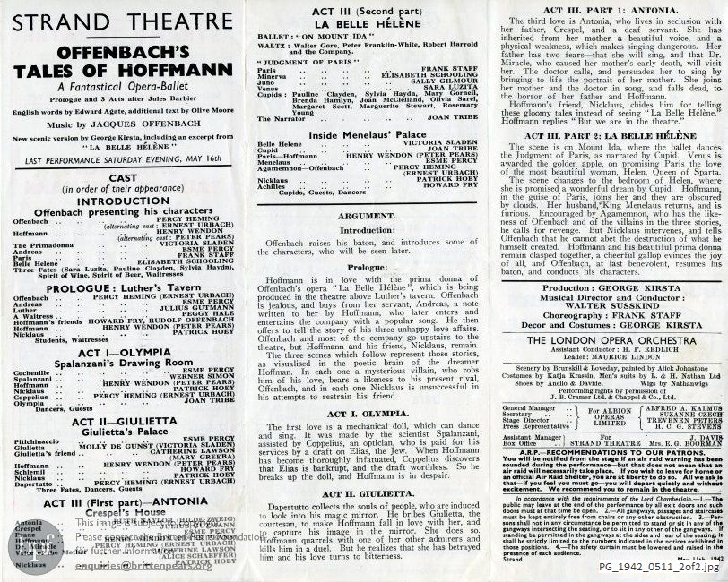 Concert programme:  Offenbach Tales of Hoffman, Strand Theatre, London
