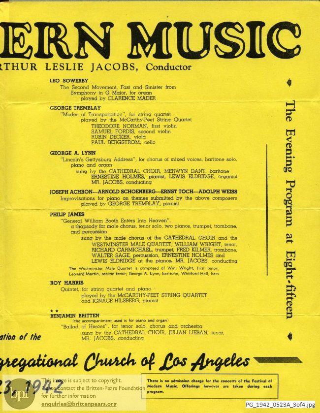 Concert programme:  Britten Ballad of Heroes, First Congregational Church, Los Angeles