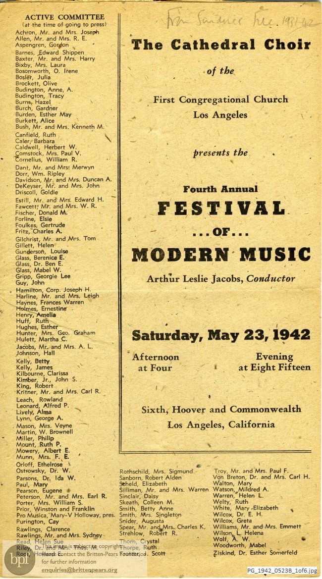 Concert programme:  Britten Ballad of Heroes, First Congregational Church, Los Angeles