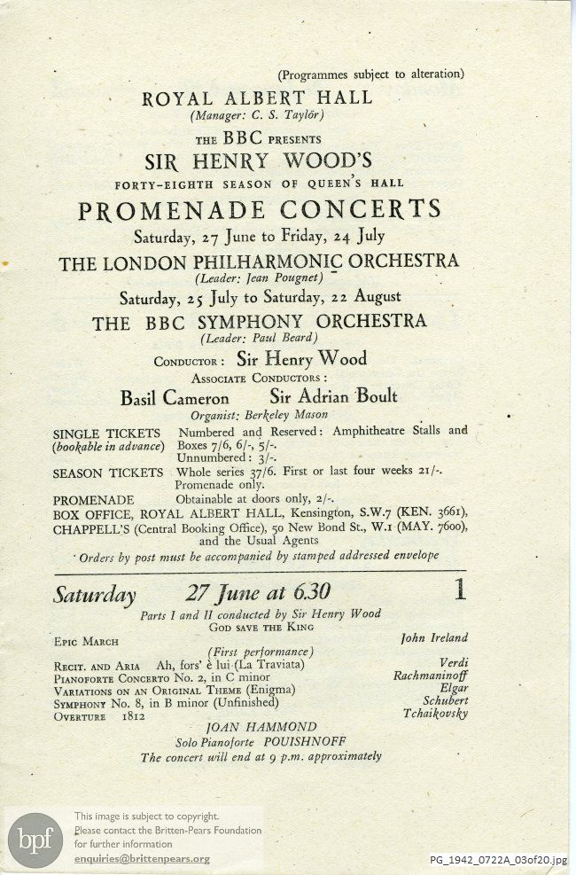 Concert programme:  Britten Sinfonia da Requiem, Royal Albert Hall, London