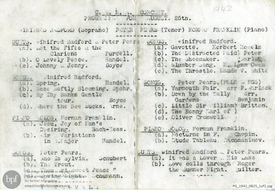 Concert programme:  Britten Folk Song arrangements, Unknown venue