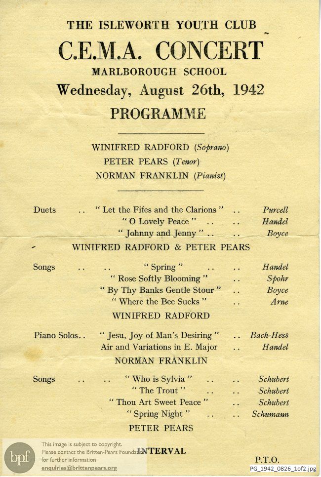 Concert programme:  Britten folk songs, Marlborough School, Wiltshire