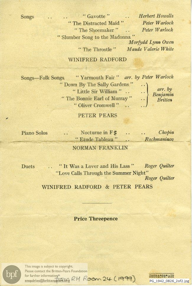 Concert programme:  Britten folk songs, Marlborough School, Wiltshire