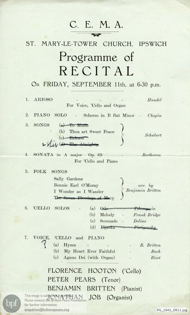 Concert programme:  Britten Folk Song arrangements, St Mary-Le-Tower, Ipswich