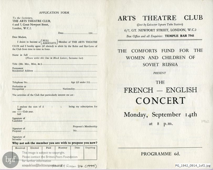 Concert programme:  Britten Les Illuminations, Arts Theatre Club, London