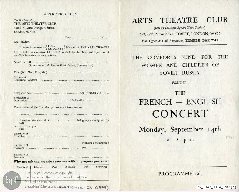 Concert programme:  Britten Les Illuminations, Arts Theatre Club, London