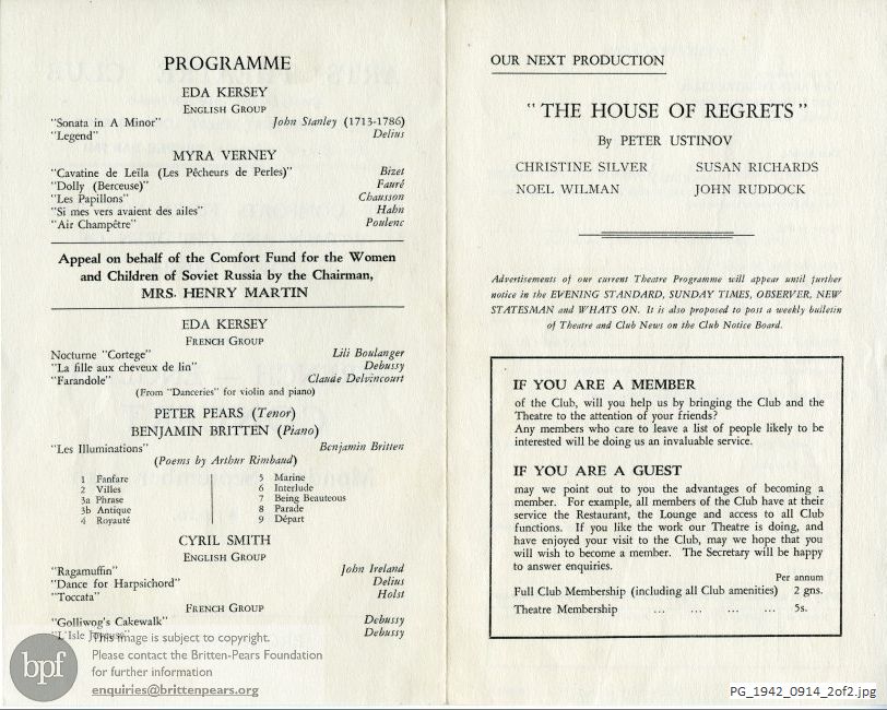 Concert programme:  Britten Les Illuminations, Arts Theatre Club, London