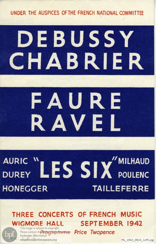 Concert programme:  Various French composers, Wigmore Hall, London