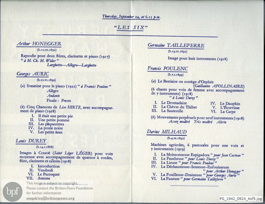 Concert programme:  Various French composers, Wigmore Hall, London