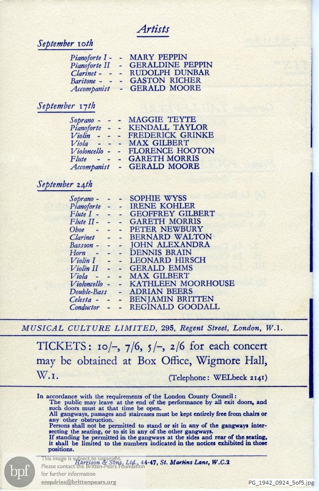 Concert programme:  Various French composers, Wigmore Hall, London