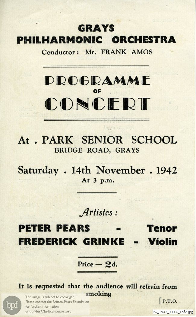 Concert programme:  Britten Down by the Salley Gardens, Park Senior School, Grays, Essex