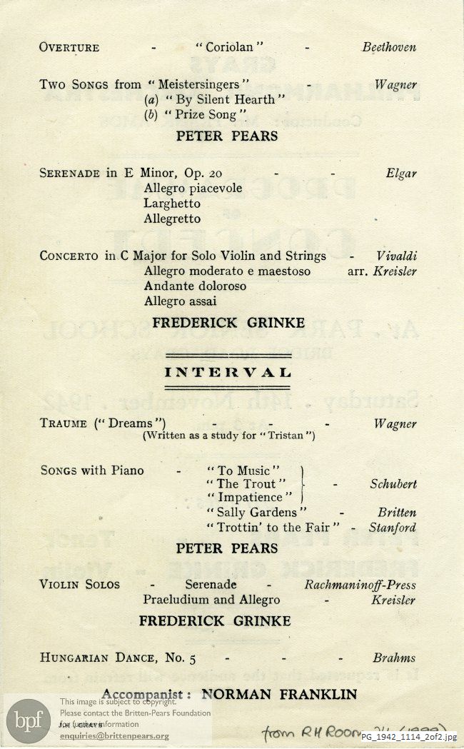 Concert programme:  Britten Down by the Salley Gardens, Park Senior School, Grays, Essex