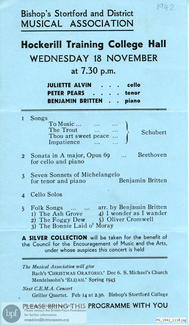 Concert programme:  Britten Seven Sonnets of Michelangelo, Folk Songs, Hockerill Training College Hall, Bishop's Stortford, Hertfordshire