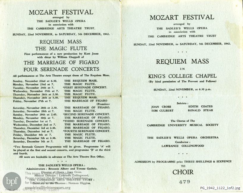 Concert programme:  Mozart Requiem Mass, King's College Chapel, Cambridge