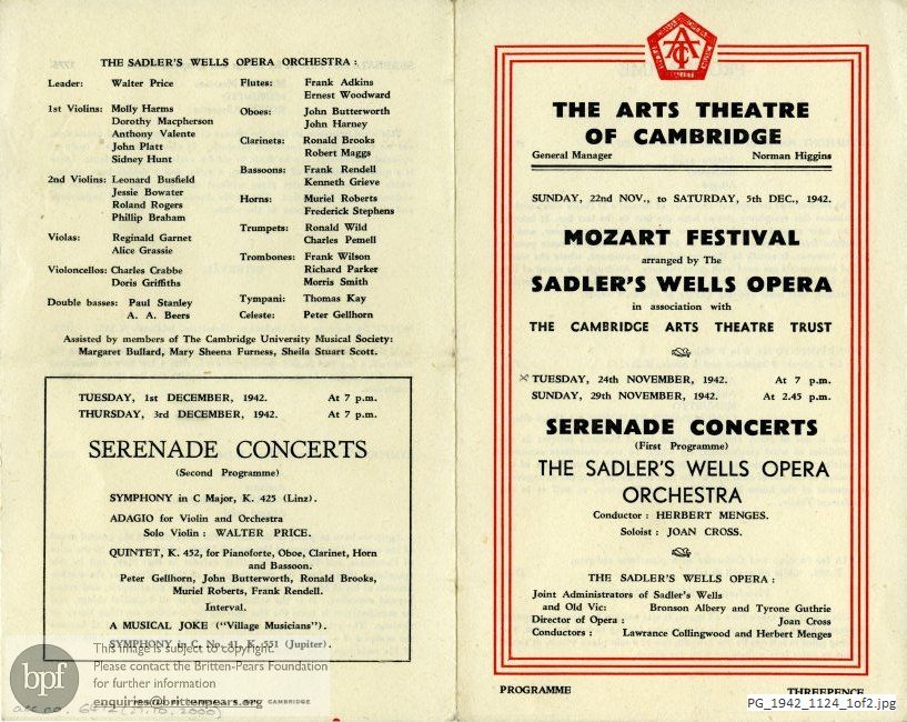 Concert programme:  Mozart various works, Arts Theatre, Cambridge