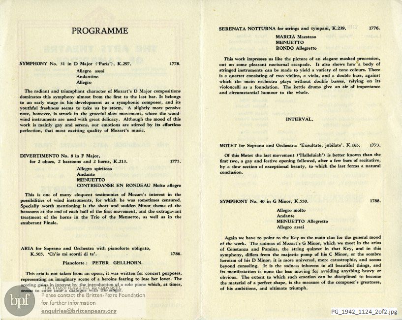 Concert programme:  Mozart various works, Arts Theatre, Cambridge