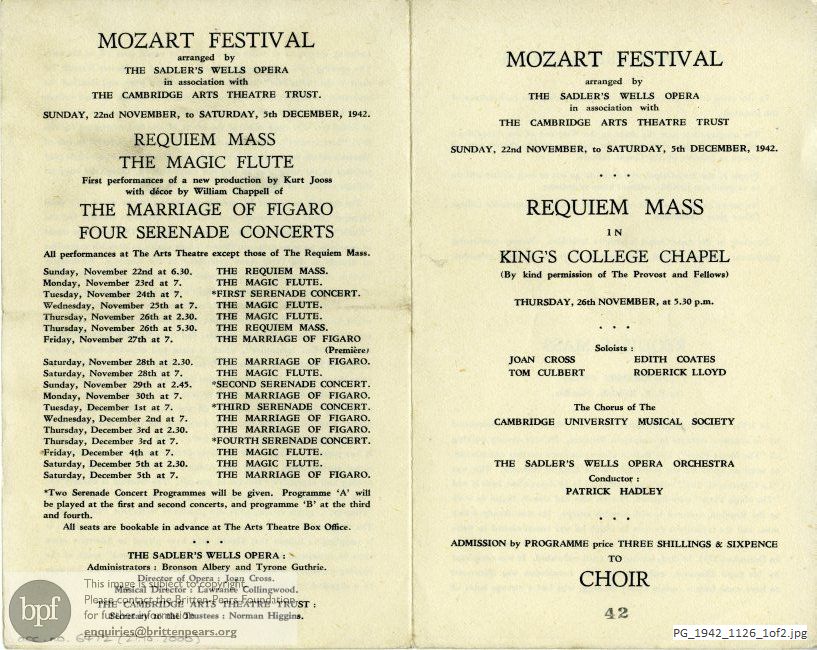 Concert programme:  Mozart Requiem Mass, King's College Chapel, Cambridge