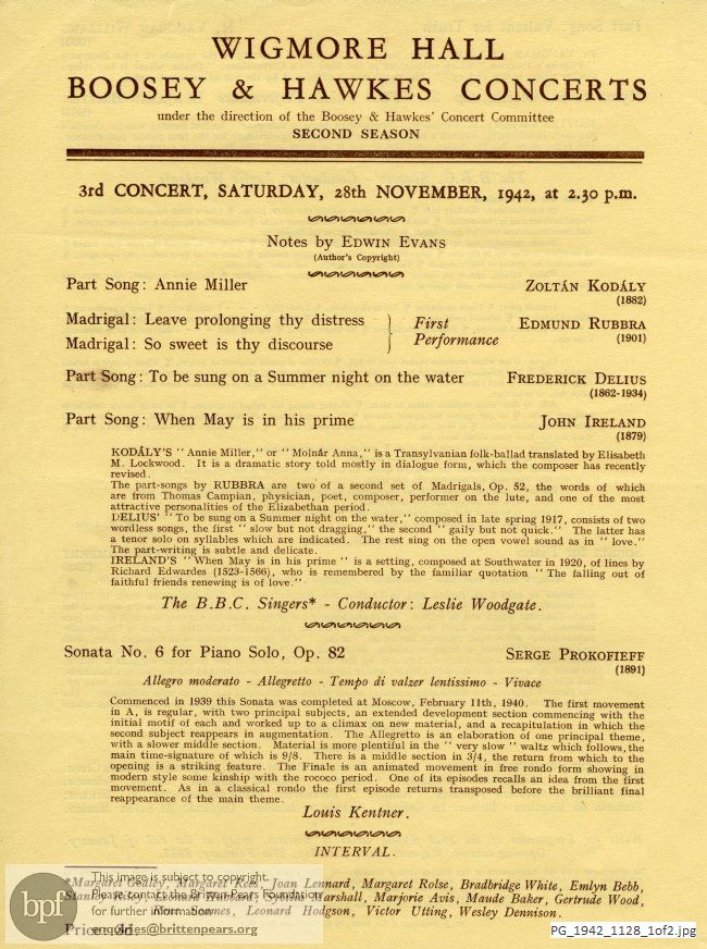 Concert programme:  Britten Hymn to St. Cecilia, Wigmore Hall, London
