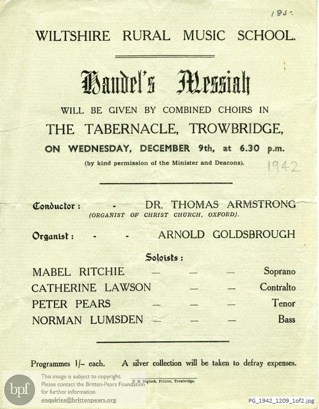 Concert programme:  Handel Messiah, The Tabernacle, Trowbridge, Wiltshire