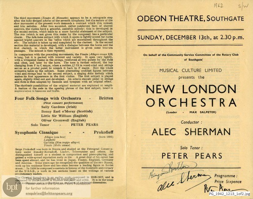 Concert programme:  Britten Folk Song arrangements, Odeon Theatre, Southgate, London