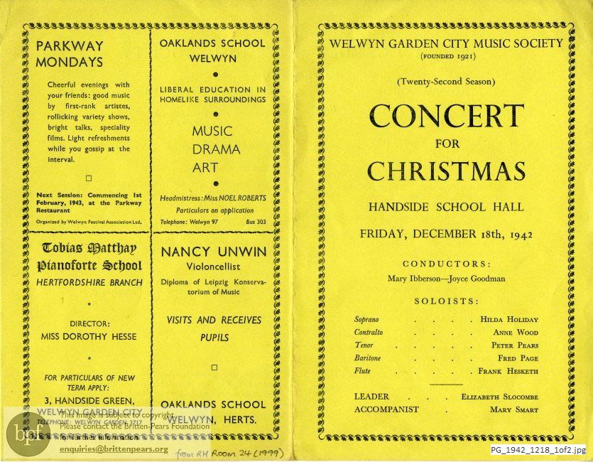 Concert programme:  Various composers, Handside School Hall, Welwyn Garden City