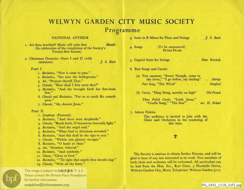Concert programme:  Various composers, Handside School Hall, Welwyn Garden City
