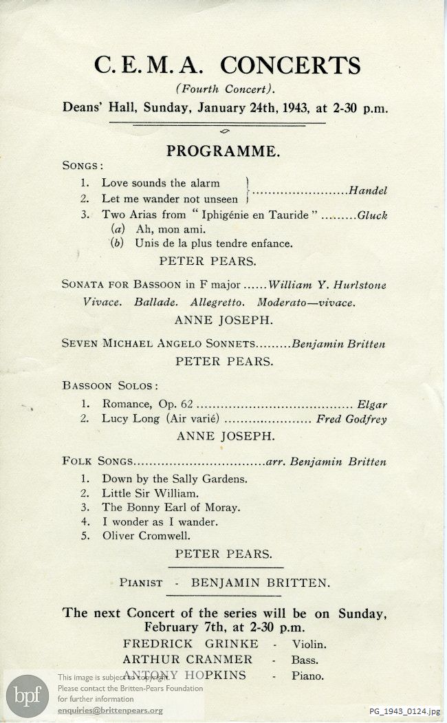 Concert programme:  Britten Seven Sonnets of Michelangelo, Folk Songs, Dean's Hall [Berkhamsted?]