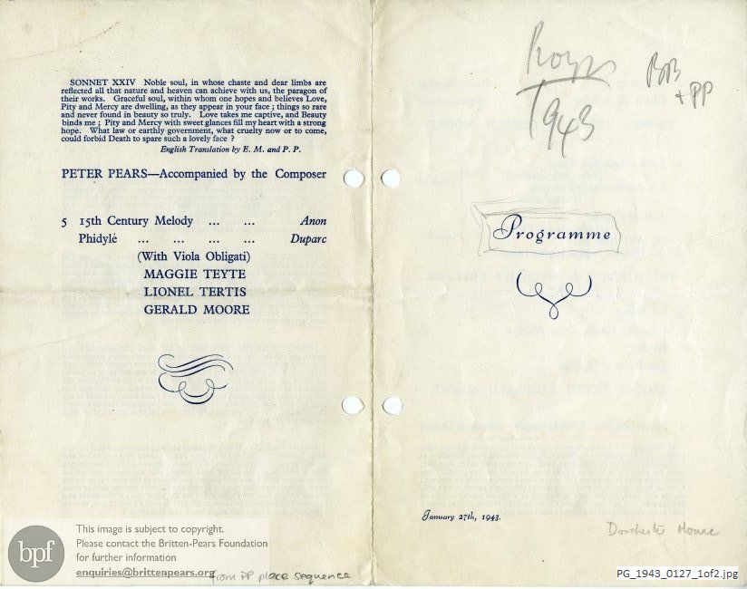 Concert programme:  Britten Seven Sonnets of Michelangelo, Dorchester House, London