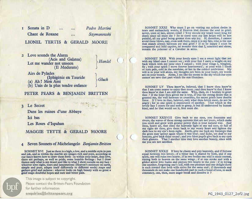 Concert programme:  Britten Seven Sonnets of Michelangelo, Dorchester House, London