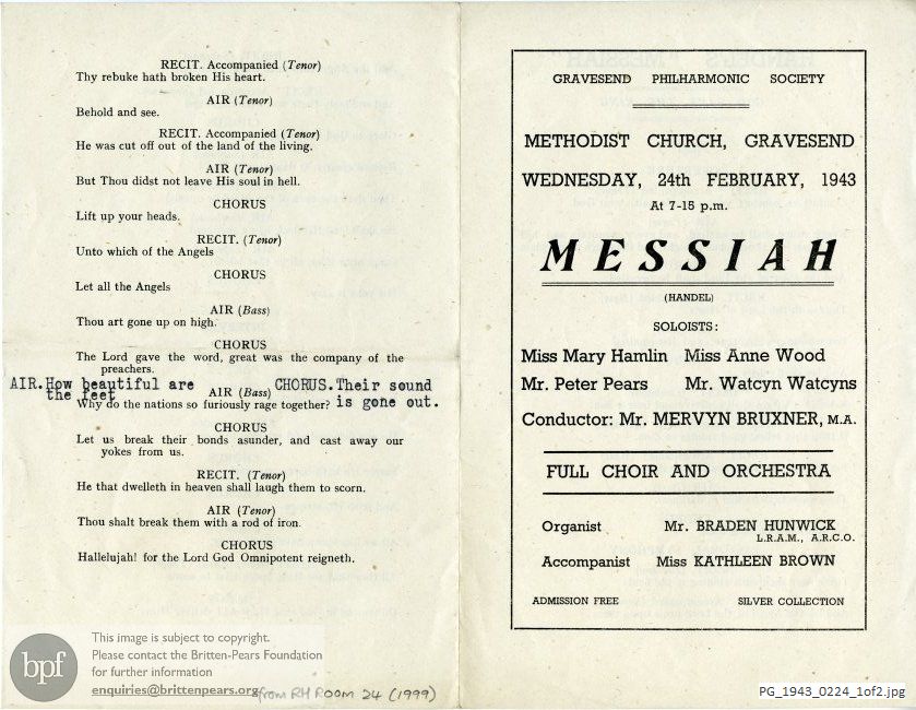 Concert programme:  Handel Messiah, Methodist Church, Gravesend