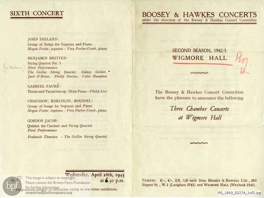 Concert programme:  Britten Seven Sonnets of Michelangelo and String Quartet No. 1, Wigmore Hall, London